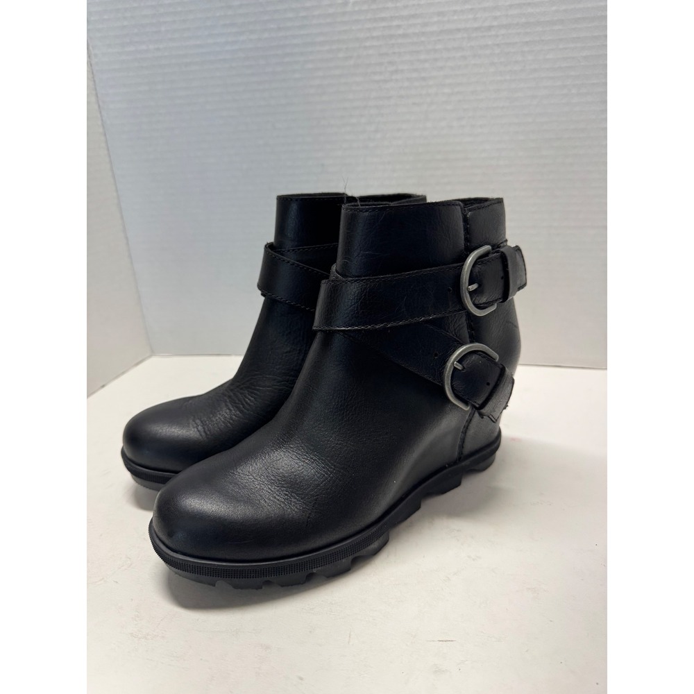 Sorel Joan of Arctic Wedge II Buckle Black Leather Ankle Boots NL3360-010 Size 7